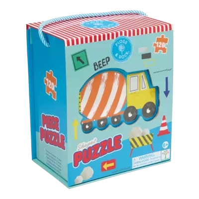 Caixa de puzzle com ilustração de camião betoneira e alça azul e branca