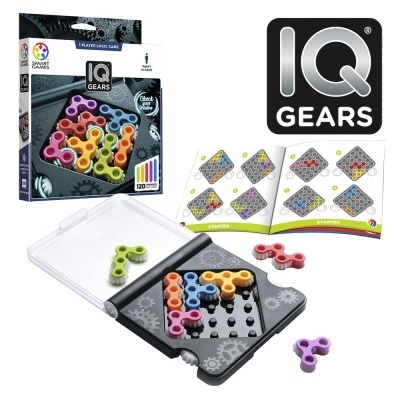 Jogo de lógica IQ Gears com peças em forma de engrenagens coloridas, tabuleiro preto, manual e caixa com design branco e cinzento.