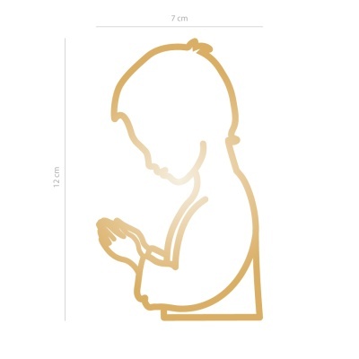 Figura decorativa dourada em forma de criança a rezar com contorno simples