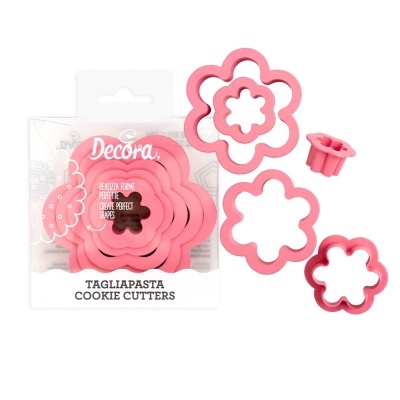 Conjunto de cortadores de biscoitos florais rosa na embalagem Decora