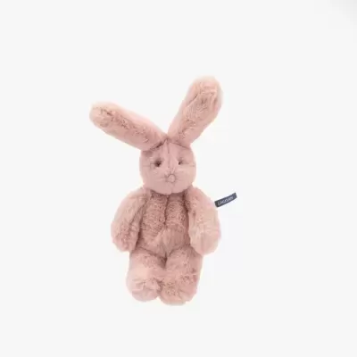 Pelúcia de coelho cor de rosa claro com textura macia e etiqueta azul LOUISON