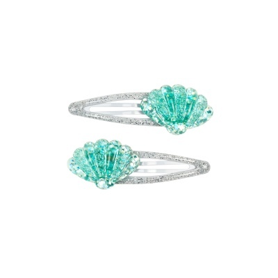 Par de molas de cabelo prateadas com conchas verdes brilhantes