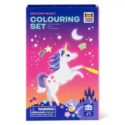 Conjunto de colorir Unicorn Magic com ilustração de unicórnio e elementos mágicos em fundo roxo e rosa