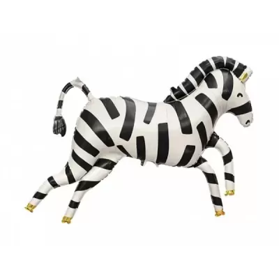 Balão metálico em forma de zebra com riscas pretas e extremidades douradas