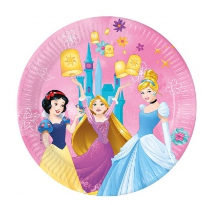 Prato de papel rosa com princesas Disney e castelo