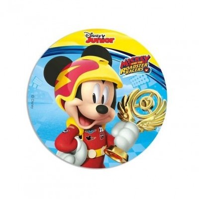 Prato plástico redondo com estampa do Mickey Mouse em fato de corrida e troféu dourado