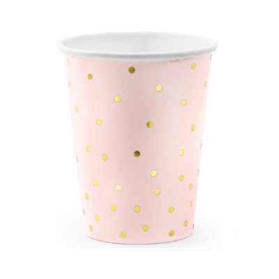 Copo descartável rosa com bolinhas douradas