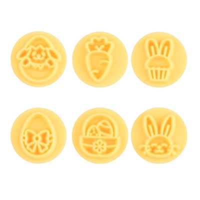 Conjunto de seis carimbos amarelos com temas de Páscoa em relevo