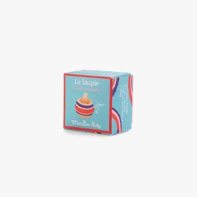 Embalagem azul com vermelho para brinquedo La toupie renversante da Moulin Roty com imagem de pião colorido.