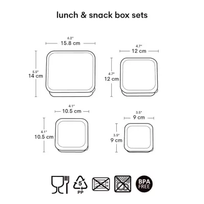 Diagrama de caixas para almoço e snacks com dimensões e símbolos de segurança alimentar e reciclagem