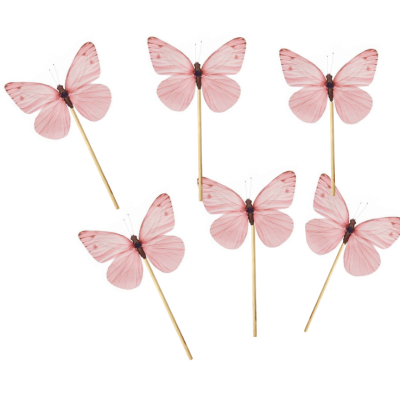 Seis borboletas decorativas rosa fixadas em varas de madeira