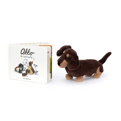 Livro infantil 'Otto the Loyal Loving Dog' com boneco de peluche cão castanho escuro e bege