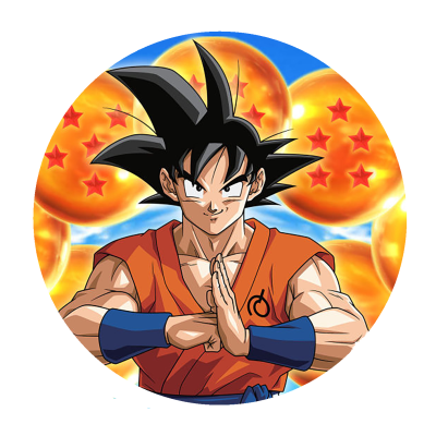 Ilustração de Goku com esferas laranja com estrelas vermelhas atrás