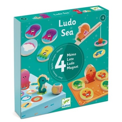 Caixa de jogo Ludo Sea da Djeco com peças de madeira coloridas e tema de animais marinhos.