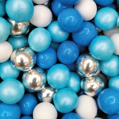 Bolas pequenas coloridas azul claro, azul escuro, branco e prateado brilhante