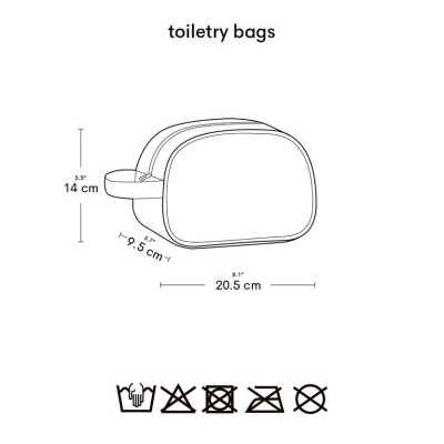 Desenho técnico de necessaire com medidas e instruções de lavagem
