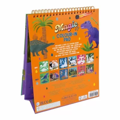 Bloco de colorir Magic Colour-In Pad com capa laranja e dinossauros