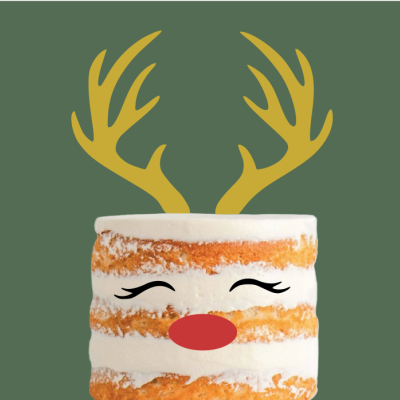 Bolo rústico decorado com rosto de rena e galhadas douradas