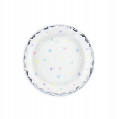 Prato de papel com estrelas coloridas e borda cinza
