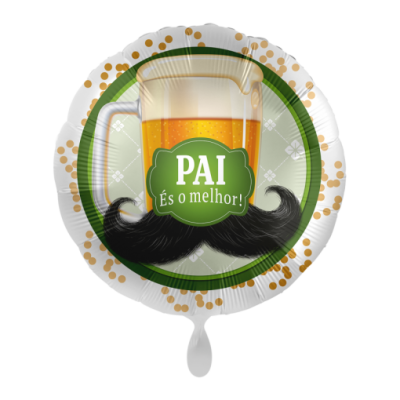 Balão redondo metálico com copo de cerveja, bigode e texto 'PAI És o melhor!' em verde