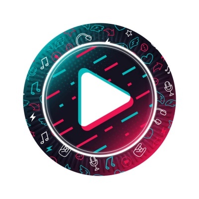 Botão play circular colorido com ícones musicais ao redor