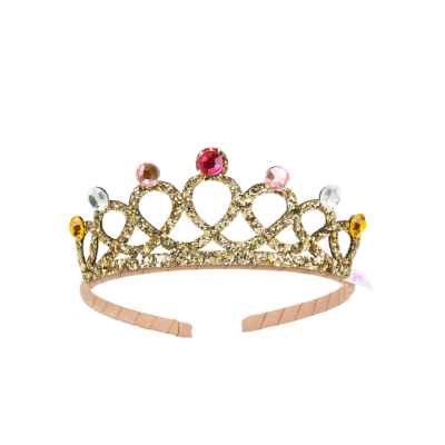Tiara coroa dourada com pedras coloridas e base bege.