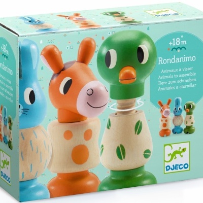 Brinquedo em madeira com figuras de animais coloridos na caixa Djeco Rondanimo