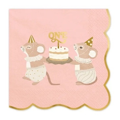 Guardanapo cor-de-rosa com ratos e bolo de aniversário