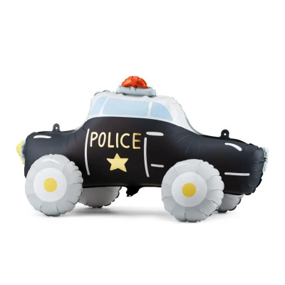 Balão insuflável em formato de carro de polícia preto com detalhes amarelos e azul claro