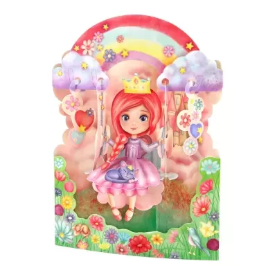 Cartão pop-up de princesa em baloiço com cores rosa e verde