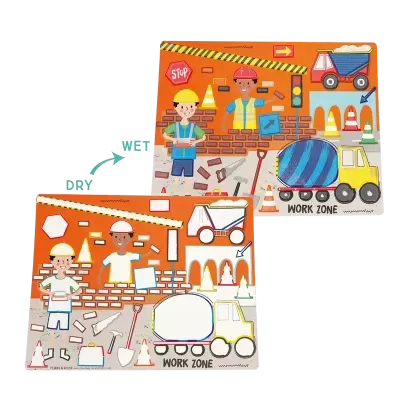 Puzzles infantis com tema construção, incluindo crianças, camiões, ferramentas e sinais de trânsito.