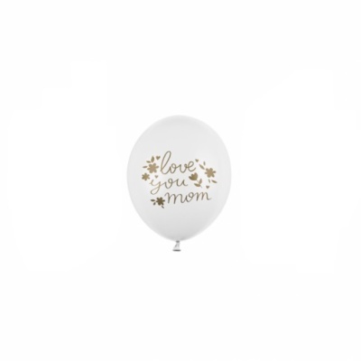 Balão branco com texto dourado love you mom e desenhos florais