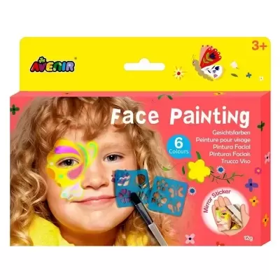 Embalagem de pintura facial com 6 cores e imagem de criança com pintura de borboleta no rosto