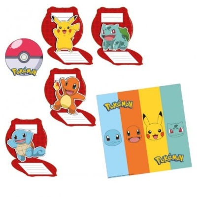 etiquetas autocolantes com personagens Pokémon e cartão colorido com POKÉMON
