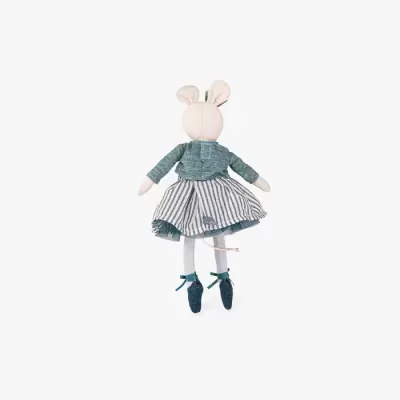 Boneco tecido vestido com roupa azul e saia às riscas visto de costas