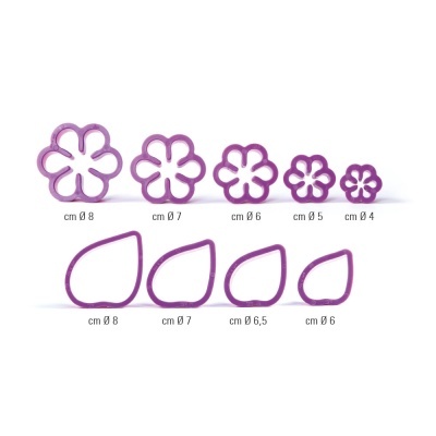 Cortadores de flores e folhas roxos em vários tamanhos com medidas em centímetros