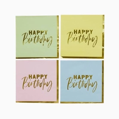 Quatro guardanapos para aniversário em cores pastel com texto dourado