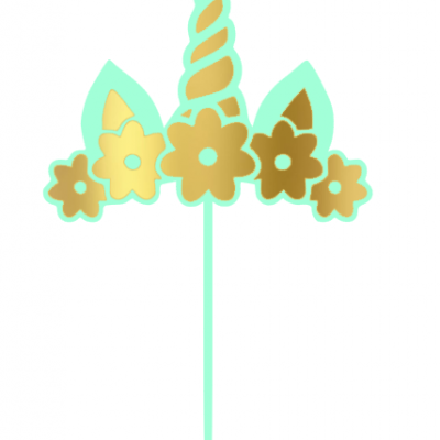 Decoração de bolo em forma de unicórnio dourado e azul claro