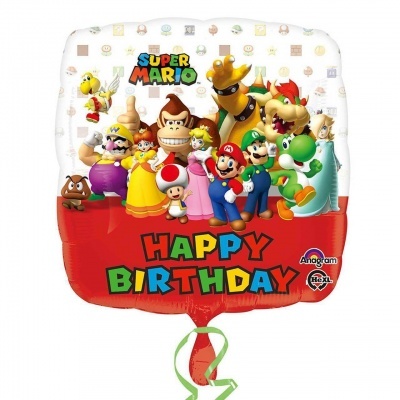 Balão quadrado Super Mario com personagens coloridos e texto HAPPY BIRTHDAY