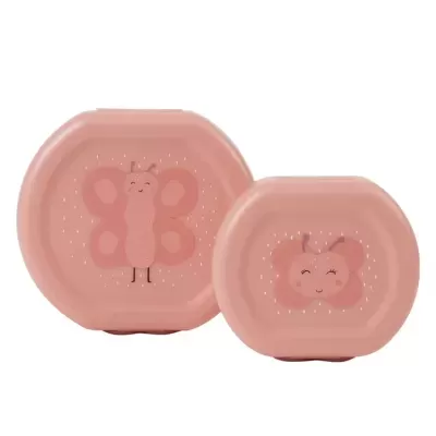 Dois recipientes rosa com ilustração de borboletas