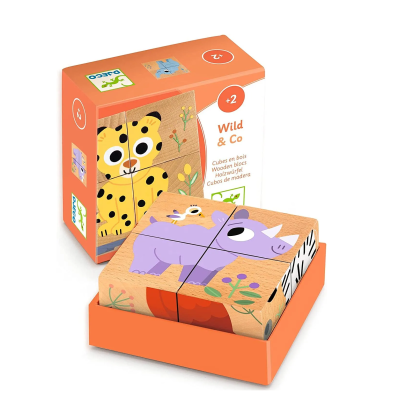 Jogo de blocos de madeira Wild & Co com desenhos de animais selvagens e embalagem laranja