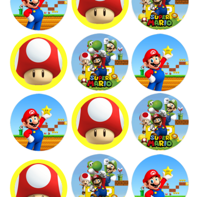 Doze círculos com imagens de Super Mario e personagens do jogo