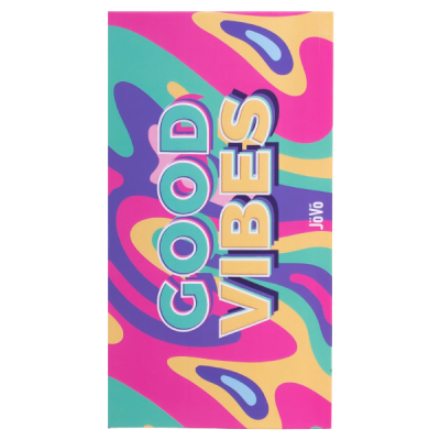 Embalagem colorida com texto GOOD VIBES e padrão abstrato