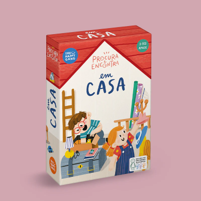 Caixa de jogo PROCURA E ENCONTRA em CASA com ilustrações de crianças e objetos numa casa