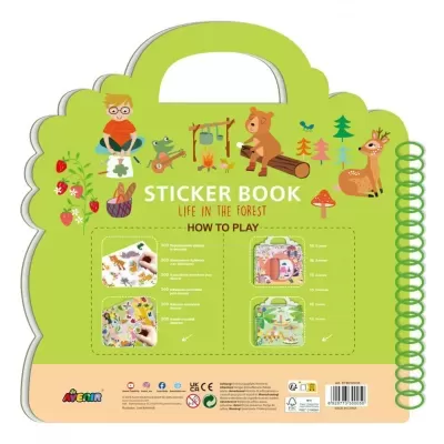Livro de autocolantes infantil verde com tema da floresta e personagens de desenho animado