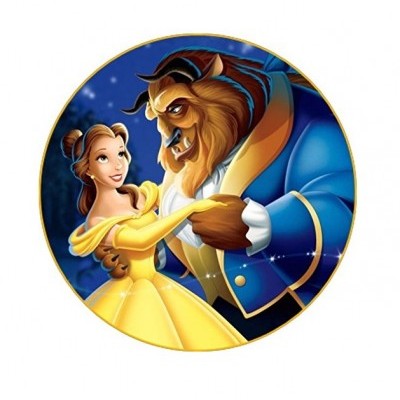 Imagem redonda com os personagens da Bela e a Fera numa dança