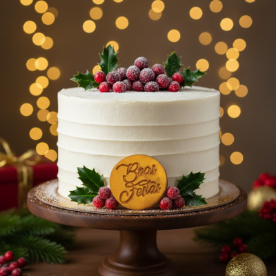 Bolo branco decorado com bagas vermelhas, folhas verdes e placa com texto Boas Festas numa base de madeira.