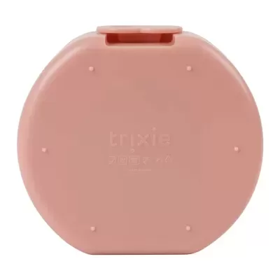 Caixa redonda cor de rosa com fecho superior e texto trixie em relevo