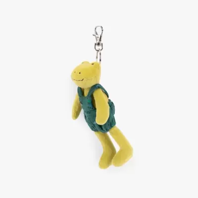 Chaveiro peluche amarelo com macacão verde e gancho metálico