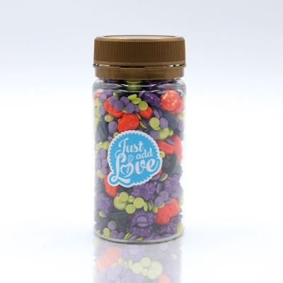 Frasco com confetis coloridos roxos, verdes e vermelhos e etiqueta 'Just add Love'